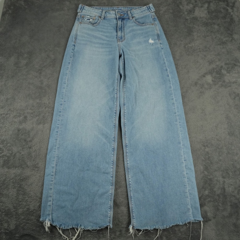 American Eagle Super High-Rise Baggy Wide Leg Jeans Womens 0(29x29) Blue Raw Hem